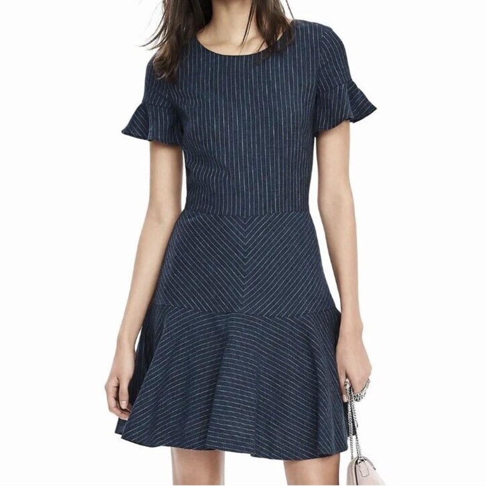 Banana Republic linen striped navy ruffled dress